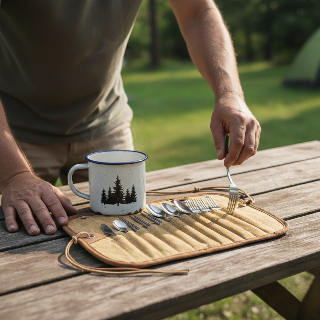 Canvas-Aufbewahrungstasche für Outdoor-Besteck, mehrere Fächer